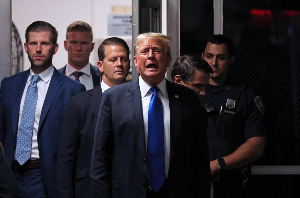 Donald Trump speaks to the media during a break in his criminal trial in New York on May 30, 2024. <a href="https://www.gettyimages.com/detail/news-photo/former-us-president-and-republican-presidential-candidate-news-photo/2154735104" rel="nofollow noopener" target="_blank" data-ylk="slk:Michael M. Santiago/Pool/AFP via Getty Images;elm:context_link;itc:0;sec:content-canvas" class="link ">Michael M. Santiago/Pool/AFP via Getty Images</a>