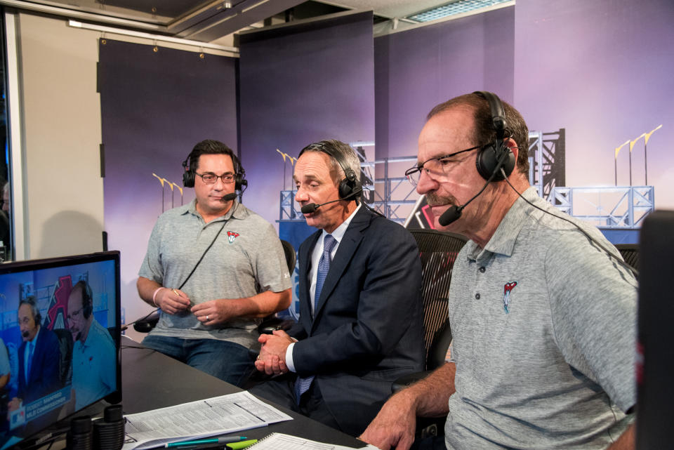 PHOENIX, AZ - JUNE 06: MLB Commissioner Rob Manfred makes an appearance on FOX Sports Arizona's TV broadcast with Steve Berthiaume and Bob Brenly during a game against the Arizona Diamondbacks and San Diego Padres at Chase Field on June 6, 2017 in Phoenix, Arizona. (Photo by Sarah Sachs/Arizona Diamondbacks/Getty Images)