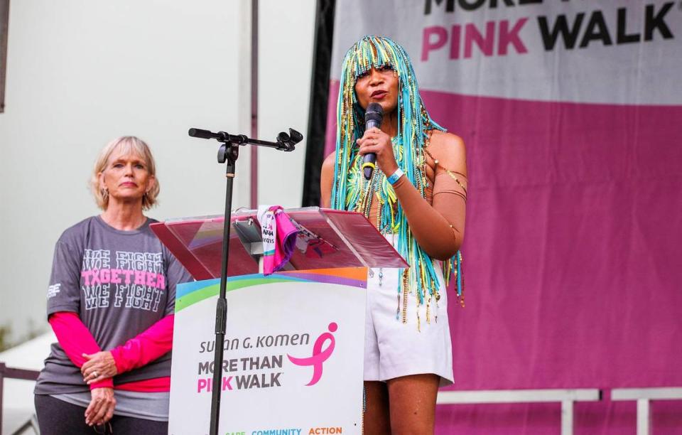 Breast cancer survivors Dorothy Gonzalez (left) and Carla Hill welcomed thousands of people to the 2023 Susan G. Komen Miami/Fort Lauderdale MORE THAN PINK Walk at Amelia Earhart Park in Hialeah on Saturday, Oct. 14, 2023.