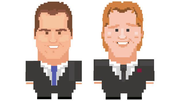 Channel 7 AFL commentators Luke Darcy and Cameron Ling in 8-bit form. Courtesy of Disney.