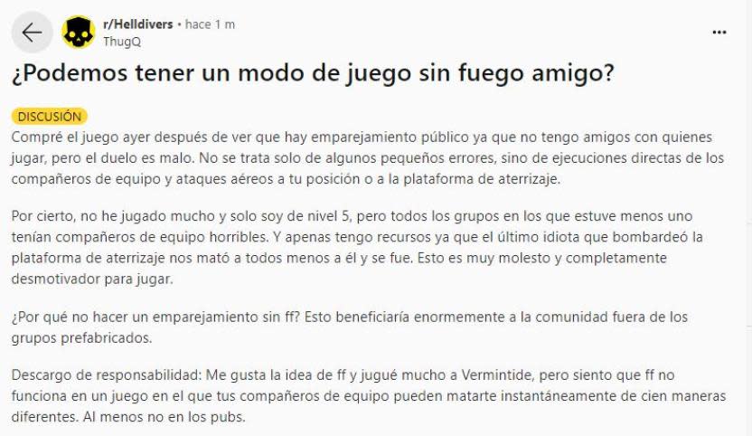 Solicitud de una opción para el Fuego Amigo -  vía Reddit