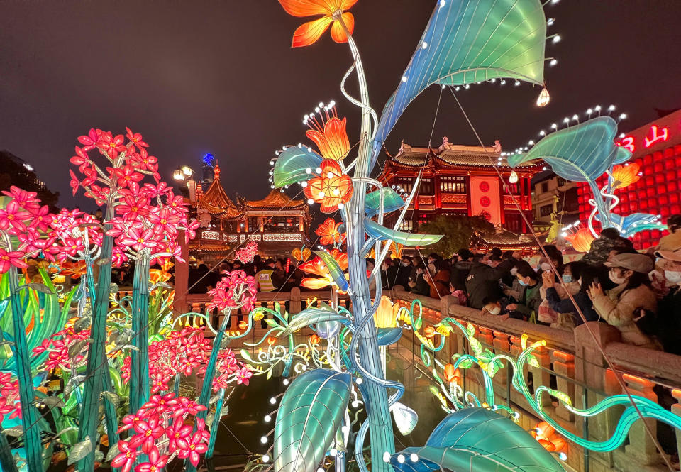 People visit the Yu Garden decorated with illuminated lanterns during the Lantern Festival in Shanghai, Feb. 5, 2023.