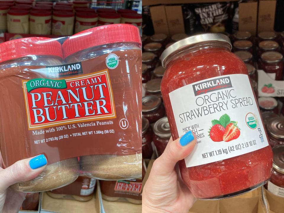 hand holding double package of peanut butter at costco and hand holding bulk jar of jelly at costco