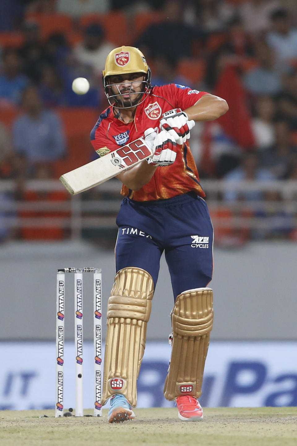 Punjab Kings' Ashutosh Sharma plays a shot during the Indian Premier League cricket match between Punjab Kings' and Mumbai Indians' in Mullanpur ,India, Thursday, April 18, 2024.(AP Photo/ Surjeet Yadav))