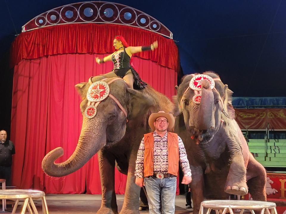 Elephant Care Superintendent Armando Loyal brings elephants Kelly and Viola to the Big Top for a performance at Circus World in Baraboo.