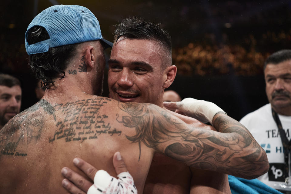 Tim Tszyu and Jack Brubaker embrace after their Super Welterweight fight at ICC Sydney Theatre on December 06, 2019 in Sydney, Australia. 