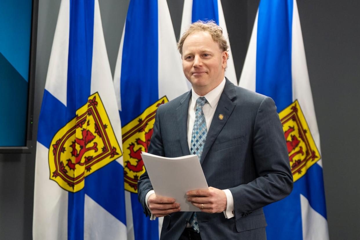 Finance Minister Allan MacMaster arrives at a news conference before tabling the provincial budget at the Nova Scotia Legislature in Halifax on Thursday, Feb. 29, 2024. (Darren Calabrese/The Canadian Press - image credit)