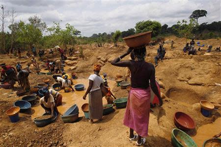 Prospectors pan for gold at a new gold mine found in a cocoa farm near the town of Bouafle in western Ivory Coast March 20, 2014. REUTERS/Luc Gnago