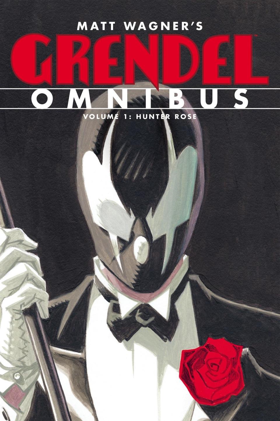 A masked vigilante in a black and white mask wears a tux and holds a cane from a cover for Grendel's omnibus