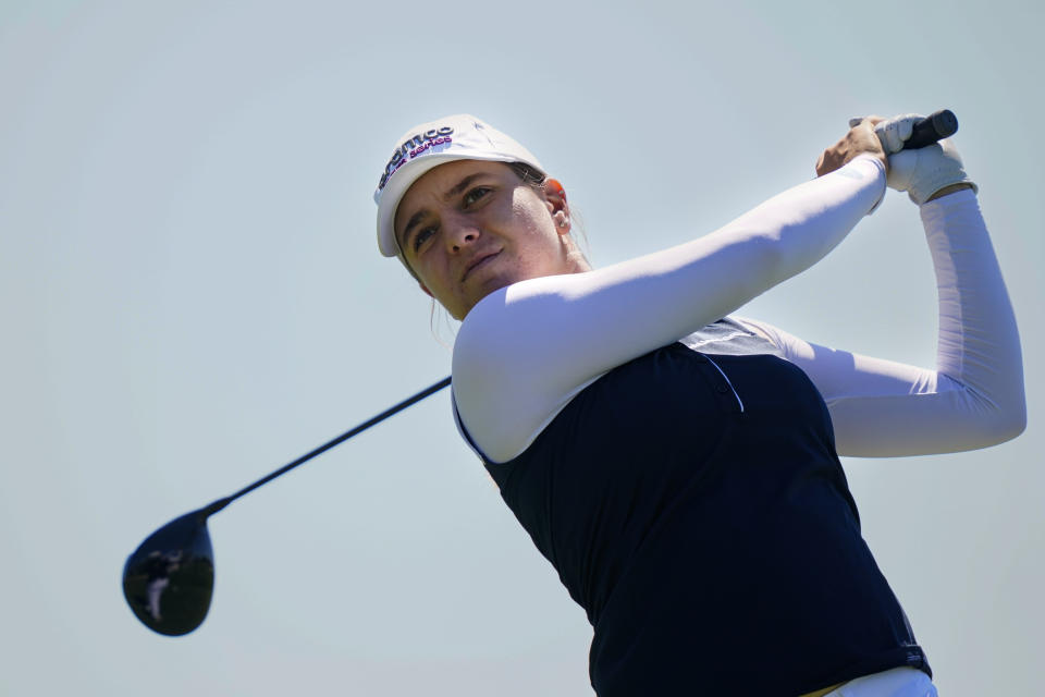 FILE - Stephanie Kyriacou, of Australia, tees off on the 13th hole during the first round of the ShopRite LPGA Classic golf tournament, Friday, June 10, 2022, in Galloway, N.J. Kyriacou has always been conscious about the effects of the sun. (AP Photo/Matt Rourke)