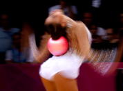 Evgeniya Kanaeva of Russia competes during the Individual All-Around Rhythmic Gymnastics final on Day 15 of the London 2012 Olympics Games at Wembley Arena on August 11, 2012 in London, England. (Photo by Jamie Squire/Getty Images)