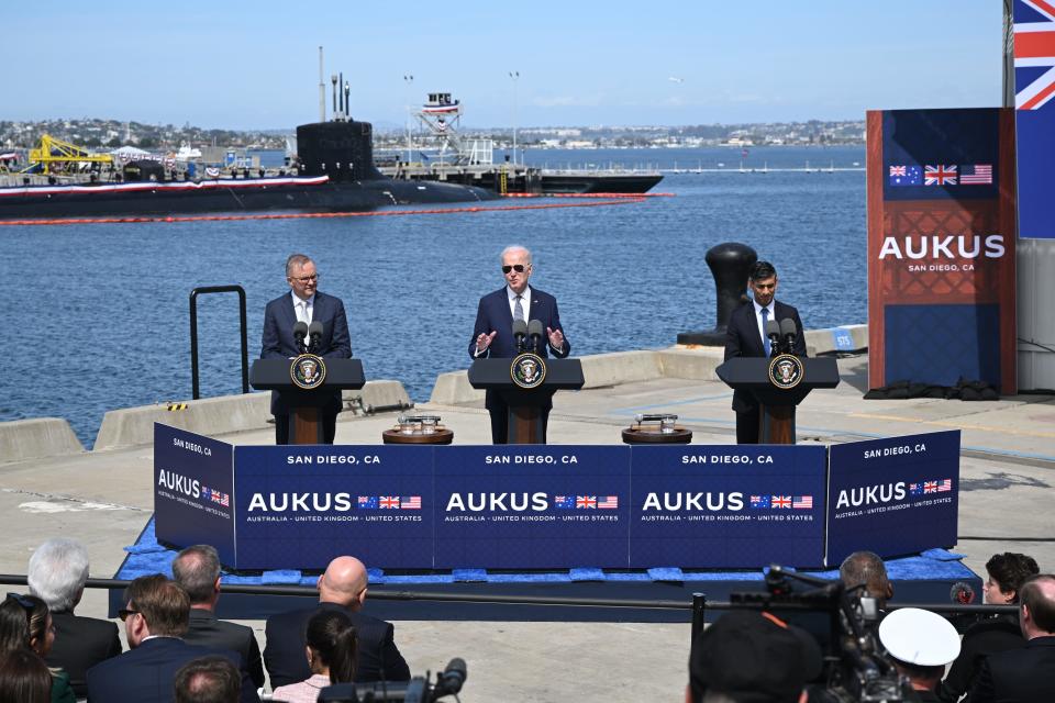 Australian Prime Minister Anthony Albanese (L), US President Joe Biden (C) and British Prime Minister Rishi Sunak (R) hold a press conference after a trilateral meeting during the AUKUS summit on March 13, 2023 in San Diego, Calif.