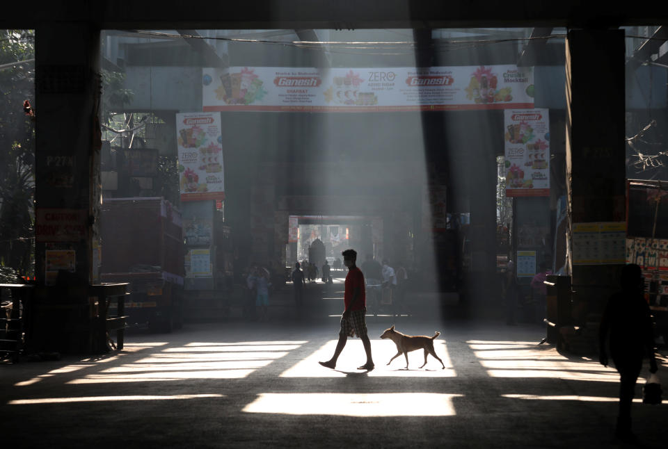 A man and a stray dog cross a road during a 21-day nationwide lockdown to limit the spreading of coronavirus disease (COVID-19), in Kolkata, India, March 27, 2020. REUTERS/Rupak De Chowdhuri