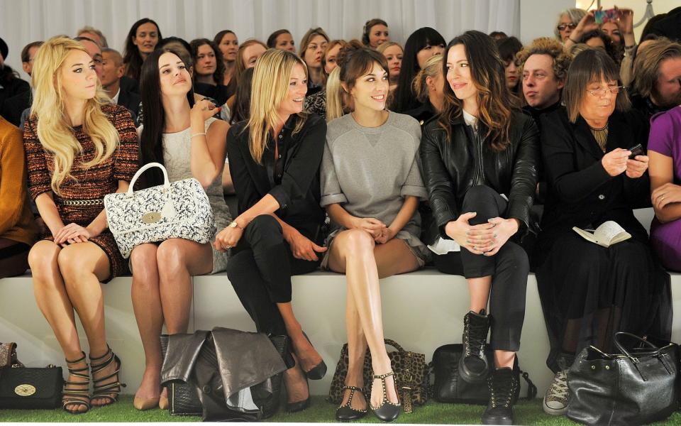 (L to R) Vanessa Kirby, Lana Del Rey, Kate Moss, Alexa Chung, Rebecca Hall and Hilary Alexander sit in the front row during the Mulberry Spring/Summer 2013 Show during London Fashion Week at Claridge's - Dave M Benett/Getty Images Europe