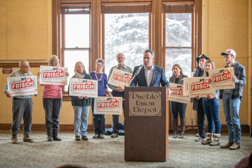 Adam Frisch announces his campaign for Congress at the Pueblo Union Depot on Wednesday, Feb. 15, 2023.