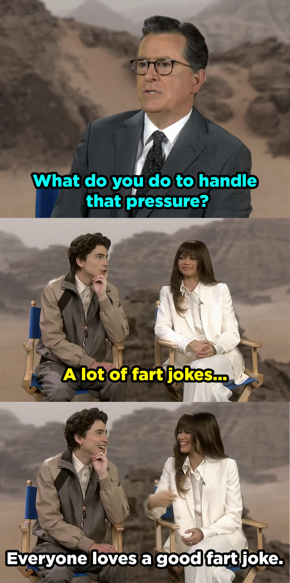 Stephen asks how they handle pressure on set and Timmy says, "A lot of fart jokes" and Zendaya laughs and responds "Everyone loves a good fart joke"