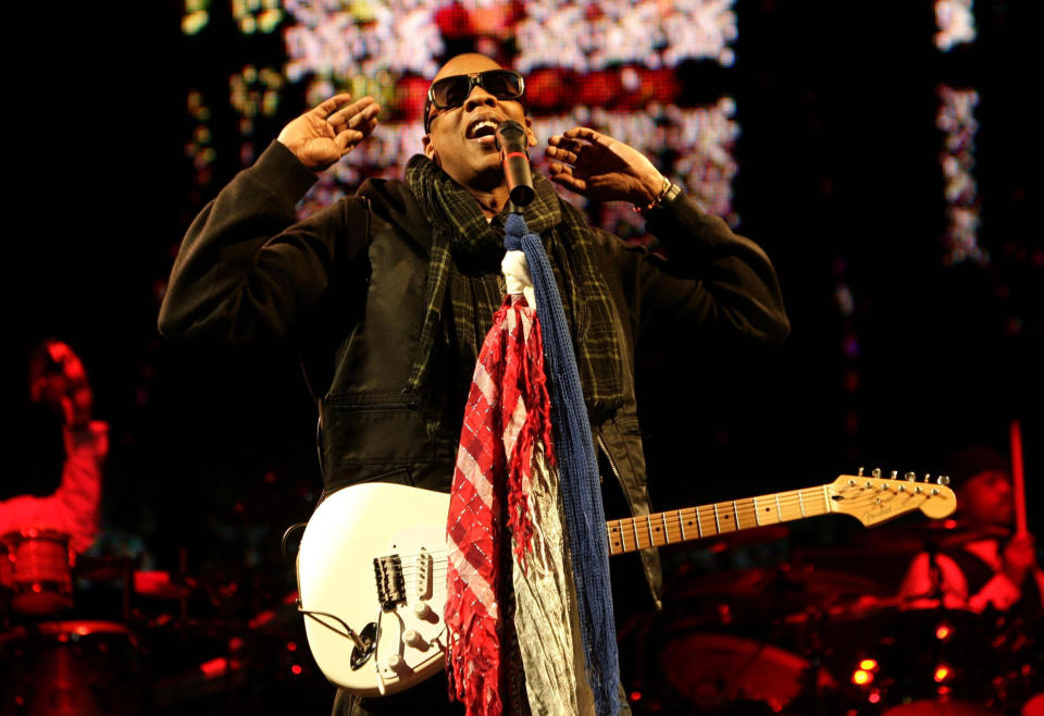 Jay-Z performs on the Pyramid Stage during Glastonbury Festival 2008