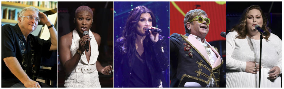 This combination of photos shows, from left, Randy Newman, Cynthis Erivo, Idina Menzel, Elton John and Chrissy Metz who will perform nominated songs at the 92nd Oscars on Feb. 9. (AP Photo)