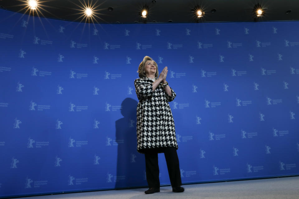 Former US Secretary of State, Hillary Clinton, poses for the photographers during a photo-call for the film 'Hillary' ' during the 70th International Film Festival Berlin, Berlinale in Berlin, Germany, Tuesday, Feb. 25, 2020. (AP Photo/Markus Schreiber)