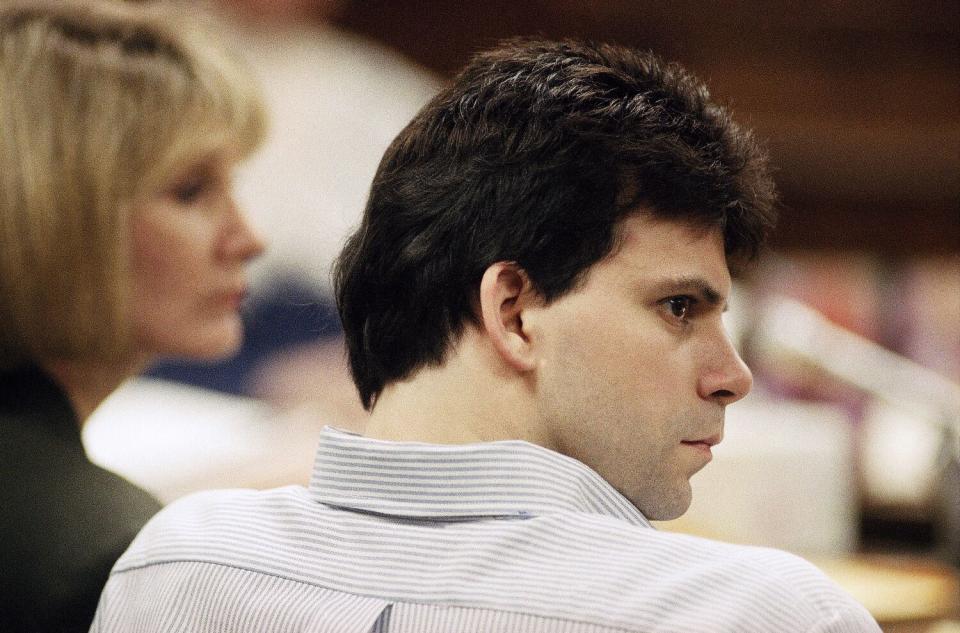 Lyle Menendez turns his head to the right as he listens to pre-trial motions in Los Angeles Superior Court.