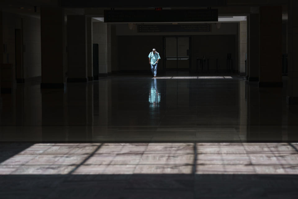 This June 29, 2021, photo shows the empty U.S. Capitol Visitor Center, closed since the COVID-19 shutdown in early 2020, is seen at the Capitol in Washington. (AP Photo/J. Scott Applewhite)