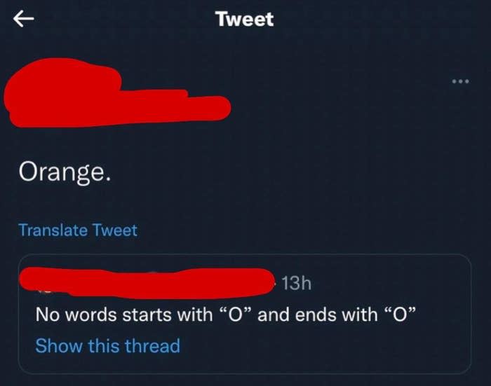 Tweet with the text "Orange" and a reply stating "No words start with 'O' and ends with 'O'."