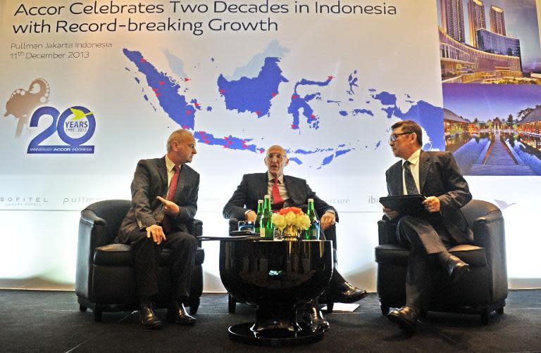 (L-R) Gerard Guillouet, senior VP for Accor Malaysia, Indonesia and Singapore; Michael Issenberg, COO for Accor Asia-Pacific; and Rio Kondo, VP of Development Accor Malaysia and Indonesia at a press conference in Jakarta on December 11, 2013