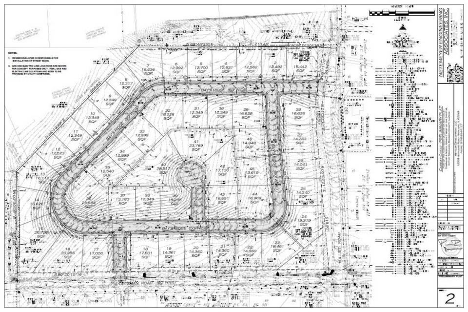 The preliminary plat for a new subdivision named Carbay Crest residental development located on the northern side of Sportsman Road, near Arbor Crest Drive and Vulliet Road.