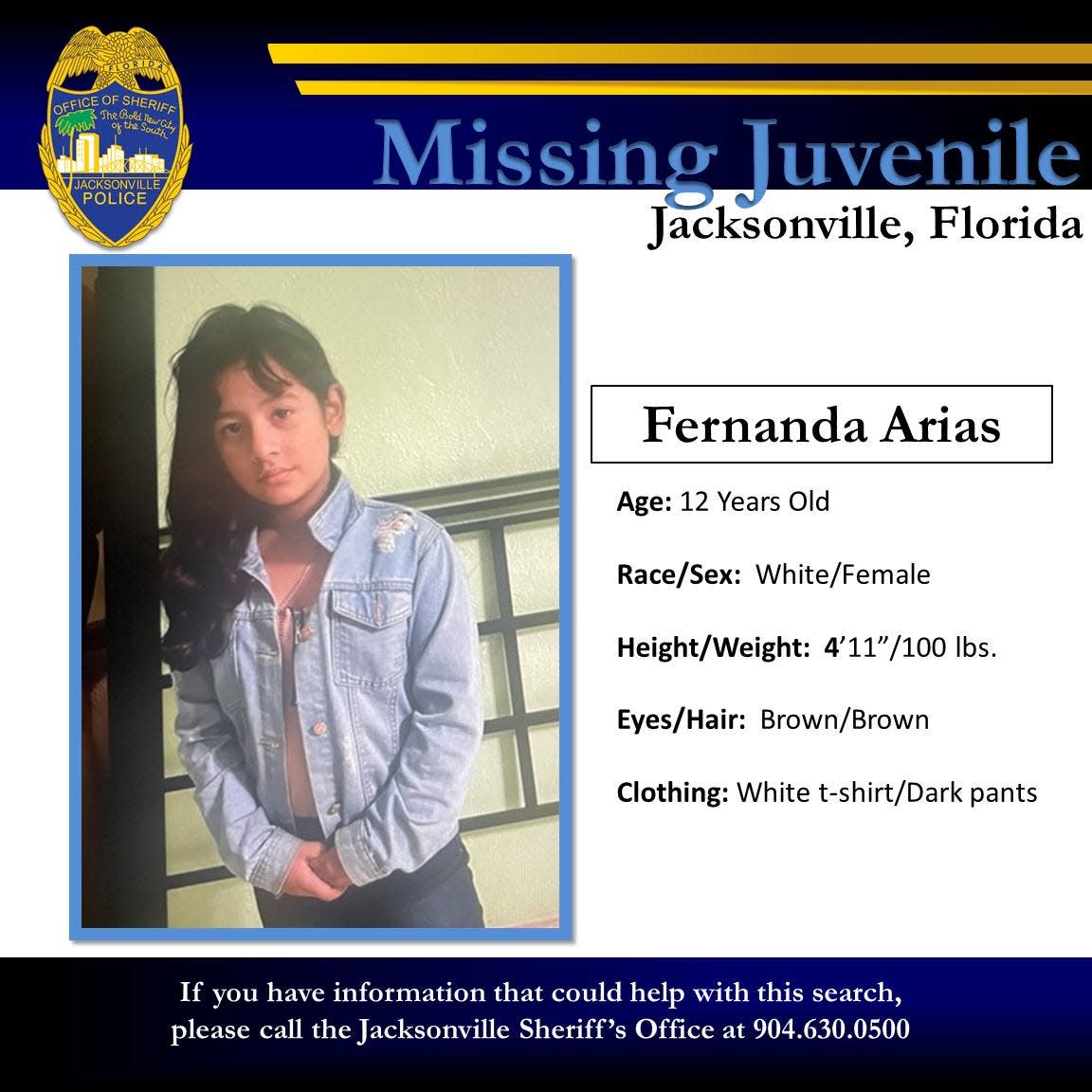 A Florida Amber Alert has been issued for 12-year-old Fernanda Arias, last seen about 3 a.m. Monday near Beach Boulevard and Peach Drive in Jacksonville. The alert was later canceled when the girl was found safe, police said.