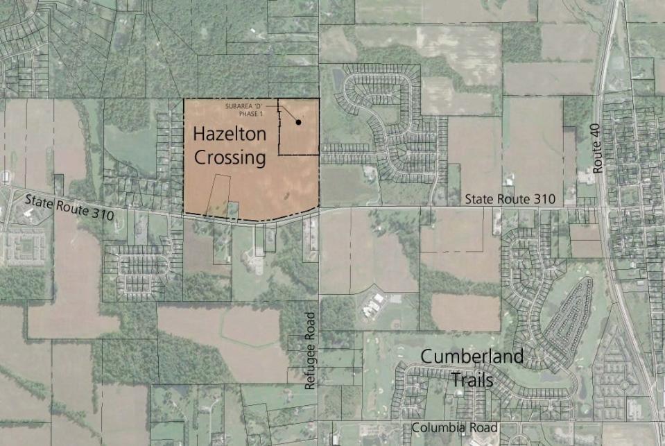 A map shows the site of the Hazelton Crossing development on the northwest corner of Ohio 310 (Hazelton-Etna Road) and Refugee Road.