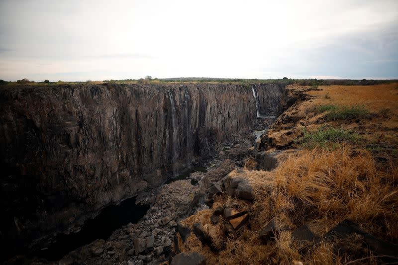 Low-water levels are seen after a prolonged drought at Victoria Falls