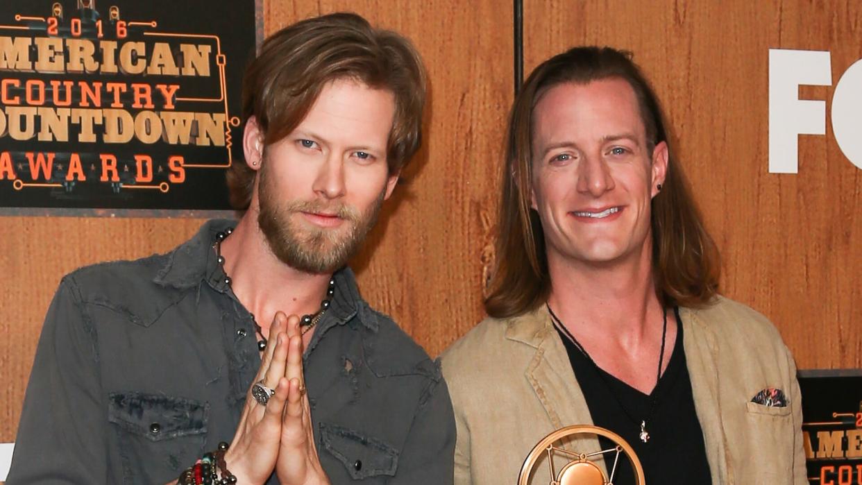 INGLEWOOD, CA - MAY 01: Singers Brian Kelley (L) and Tyler Hubbard of Florida Georgia Line attend the 2016 American Country Countdown Awards at The Forum on May 01, 2016 in Inglewood, California.