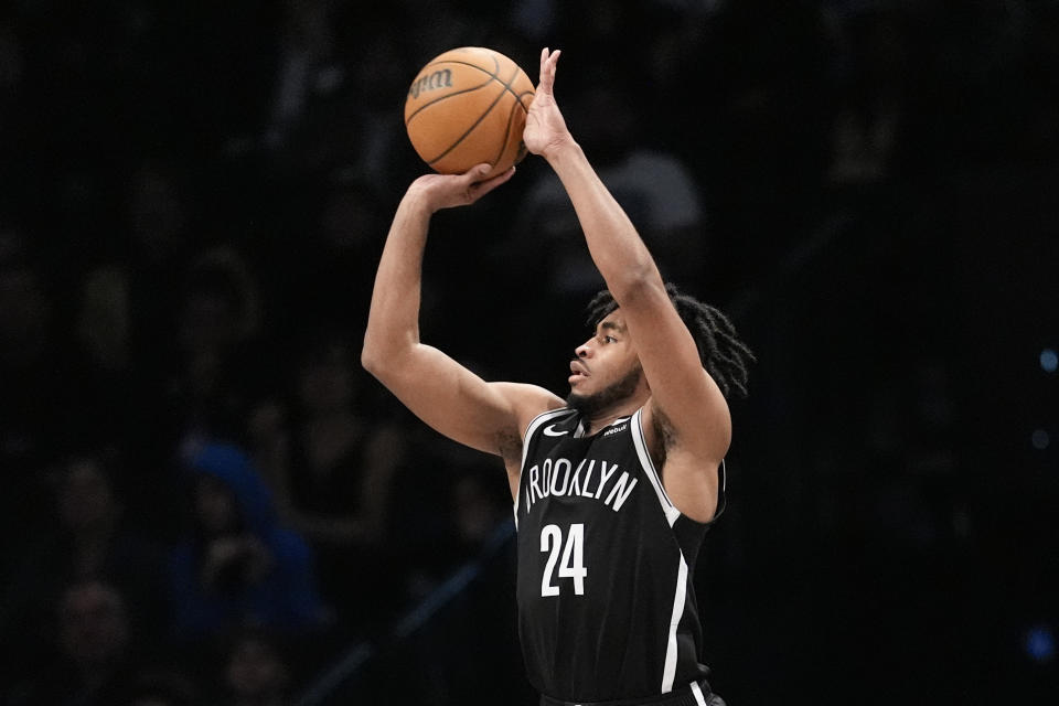 Brooklyn Nets guard Cam Thomas shoots a 3-point basket during the second half of an NBA basketball game against the Toronto Raptors, Wednesday, April 10, 2024, in New York. The Nets won 106-102. (AP Photo/Mary Altaffer)