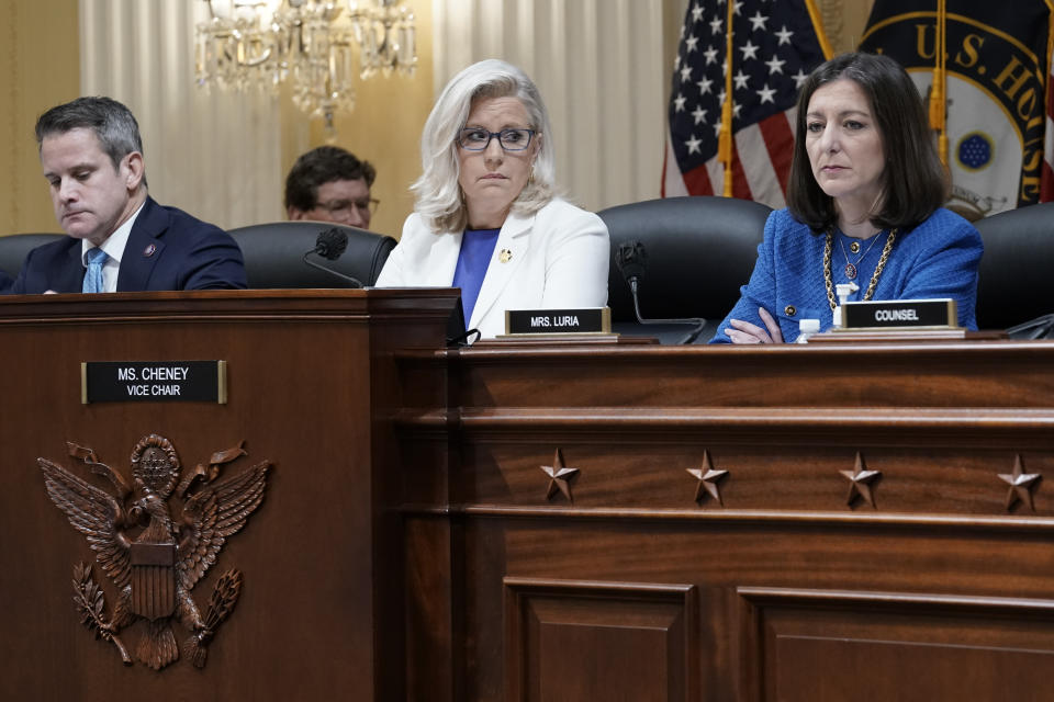 From left, Rep. Adam Kinzinger, R-Ill., Vice Chair Liz Cheney, R-Wyo., and Rep. Elaine Luria, D-Va., listen as the House select committee investigating the Jan. 6 attack on the U.S. Capitol holds a hearing at the Capitol in Washington, Thursday, July 21, 2022. (AP Photo/J. Scott Applewhite)