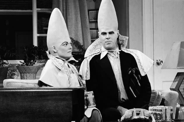 Jane Curtin as Prymaat Conehead and Dan Aykroyd as Beldar Conehead during 'The Coneheads On Earth' skit on March 3, 1978.