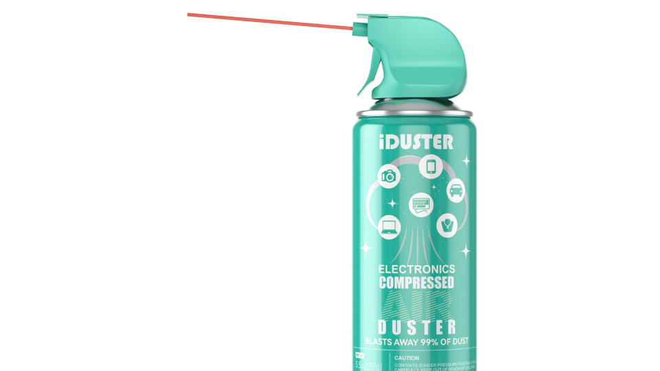 A teal colored air canister sold by iDuster