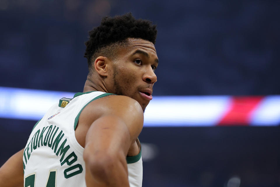 Giannis Antetokounmpo #34 of the Milwaukee Bucks looks to the bench during the first quarter of Game 4 of the Eastern Conference Semifinals against the Boston Celtics at Fiserv Forum on May 09, 2022 in Milwaukee, Wisconsin - Credit: Stacy Revere/Getty Images