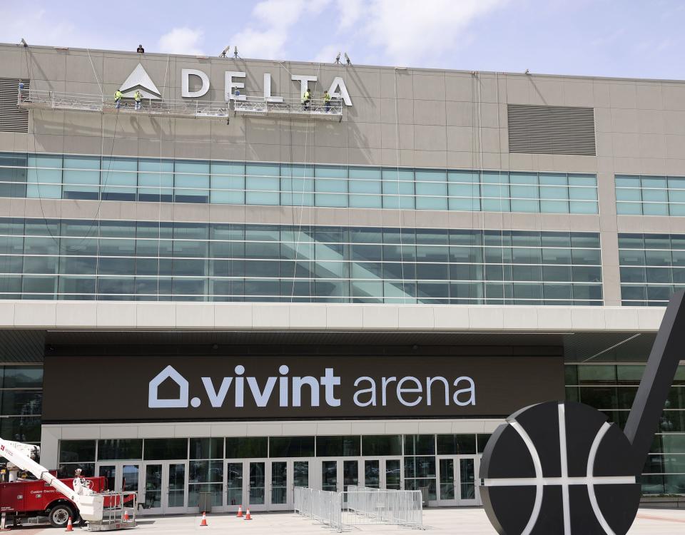 Exterior signage for the Delta Center is installed in Salt Lake City on Thursday, May 25, 2023. The arena was built in 1991 under the name Delta Center. It has been named Vivint Arena since 2015, and will become the Delta Center in July. | Laura Seitz, Deseret News