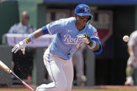Kansas City Royals' Darion Blanco runs to first after hitting a sacrifice bunt during the sixth inning of a baseball game against the Oakland Athletics Sunday, May 19, 2024, in Kansas City, Mo. (AP Photo/Charlie Riedel)