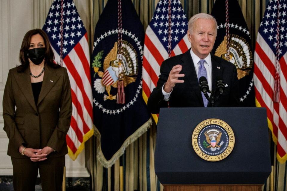 U.S. President Joe Biden speaks alongside Vice President Kamala Harris