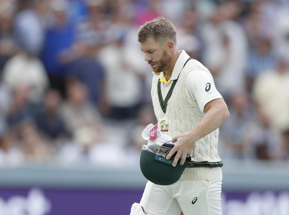 Australia's David Warner walks off the pitch after being given out caught England's Rory Burns off the bowling of England's Jofra Archer during play on day five of the 2nd Ashes Test cricket match between England and Australia at Lord's cricket ground in London, Sunday, Aug. 18, 2019. (AP Photo/Alastair Grant)