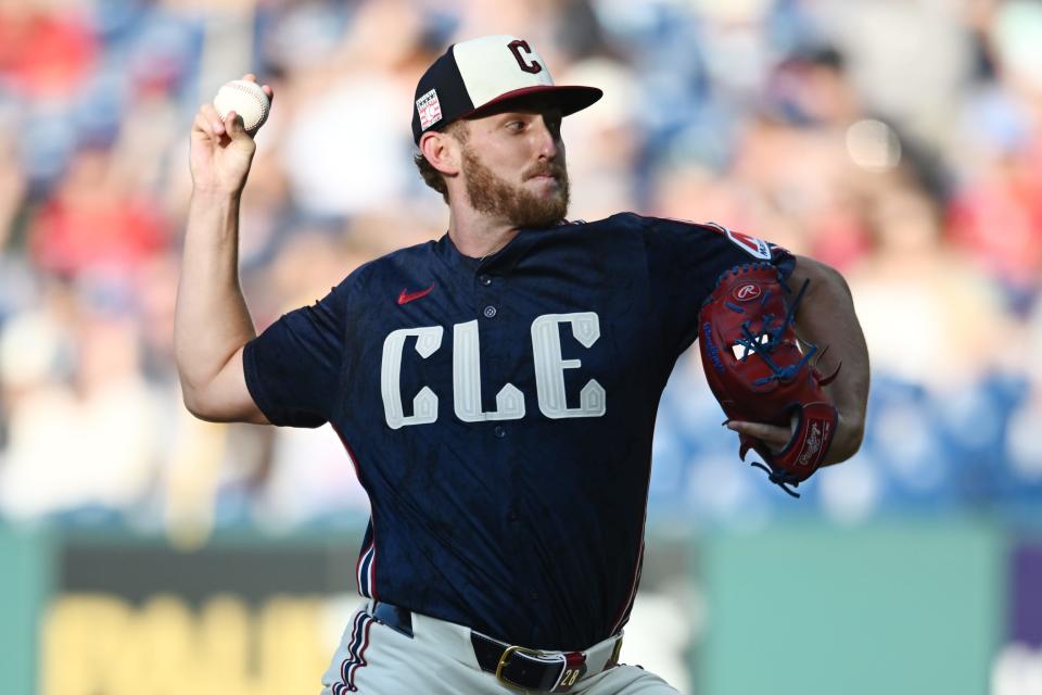 Jul 19, 2024; Cleveland, Ohio, USA; Cleveland Guardians starting pitcher Tanner Bibee (28) throws a pitch during the first inning against the San Diego Padres at Progressive Field. Mandatory Credit: Ken Blaze-USA TODAY Sports