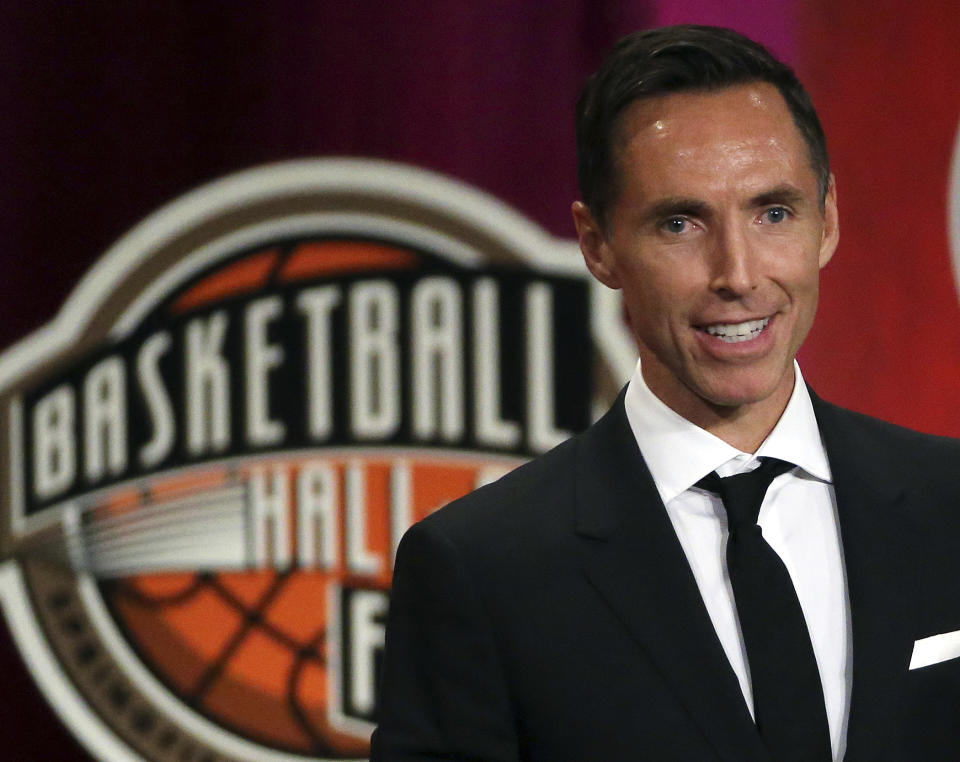 FILE - In this Sept. 7, 2018, file photo, Steve Nash speaks during induction ceremonies at the Basketball Hall of Fame, in Springfield, Mass. Nash is about to take on an expanded role in his second year with Turner Sports.  The network announced on Tuesday, Aug. 6, 2019, that Nash is returning to B/R Football’s UEFA Champions League broadcasts on TNT and B/R Live. He will also be a contributor to TNT’s NBA coverage when the upcoming season begins in October. (AP Photo/Elise Amendola, File)