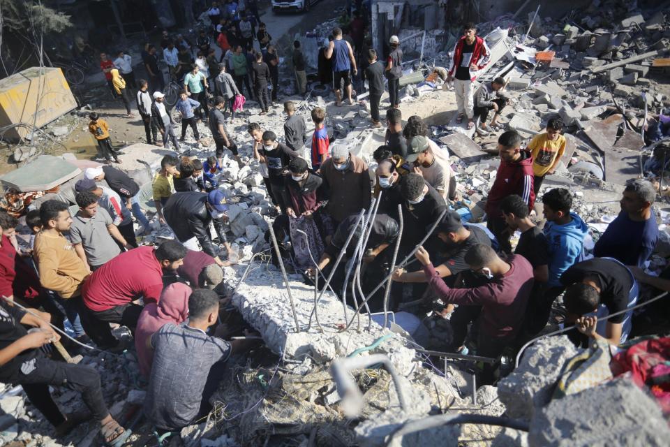 A view of debris of destroyed buildings after Israeli army's airstrike at Nuseirat Refugee Camp as Israel's attacks continue on its 42nd day in Gaza Strip on November 17, 2023. (Photo by Ashraf Amra/Anadolu via Getty Images)