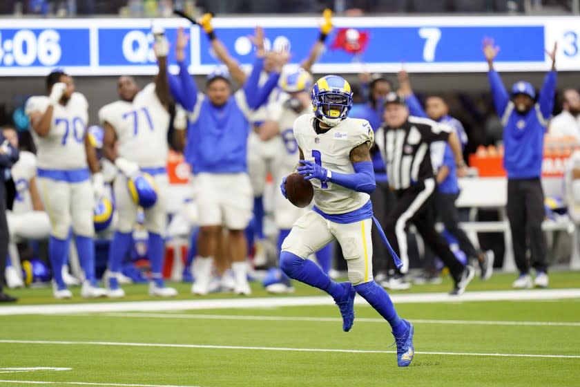 Los Angeles Rams wide receiver DeSean Jackson (1) runs for a touchdown during the second half of an NFL football game against the Tampa Bay Buccaneers Sunday, Sept. 26, 2021, in Inglewood, Calif. (AP Photo/Jae C. Hong)