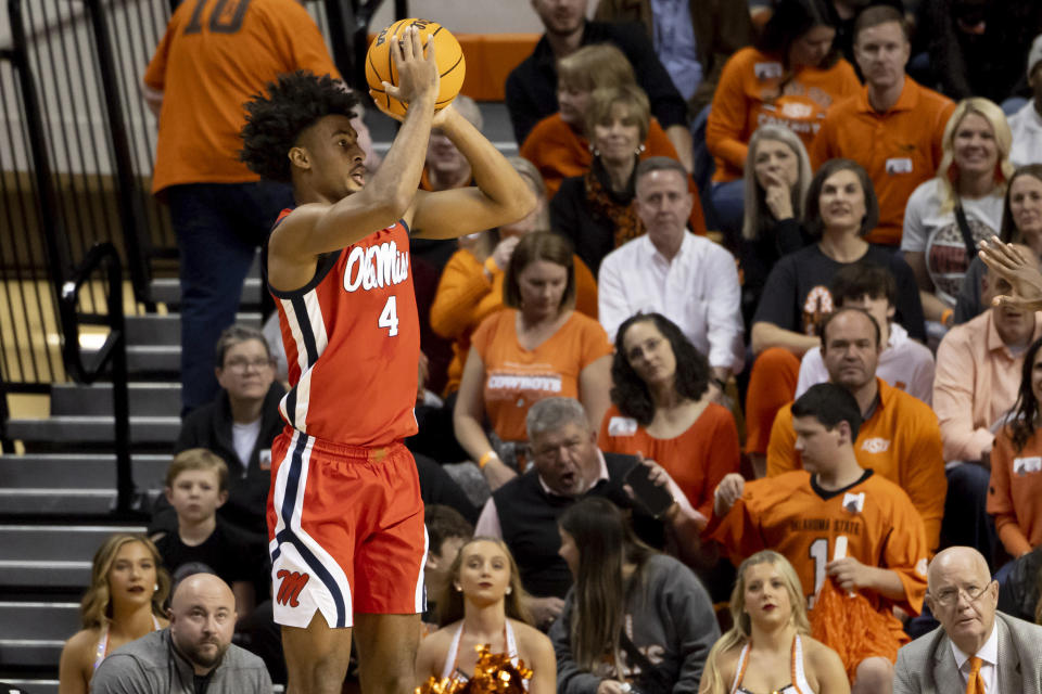 Mississippi's Jaemyn Brakefield (4) shoots during the first half of an NCAA college basketball game against Oklahoma State in Stillwater, Okla., Saturday, Jan. 28, 2023. (AP Photo/Mitch Alcala)