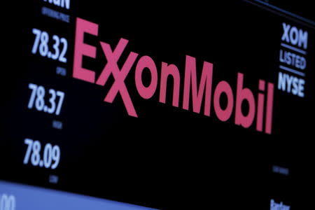 The logo of Exxon Mobil Corporation is shown on a monitor above the floor of the New York Stock Exchange in New York, December 30, 2015. Standard & Poor's Ratings Services said on April 26, 2016, it had cut Exxon Mobil Corp's corporate credit rating to "AA+" from "AAA," citing the impact of low oil prices. REUTERS/Lucas Jackson/File Photo