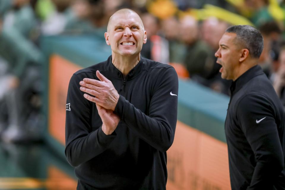 BYU coach Mark Pope reacts to a missed shot during the first half of the team’s NCAA college basketball game against Baylor, Tuesday, Jan. 9, 2024, in Waco, Texas. 