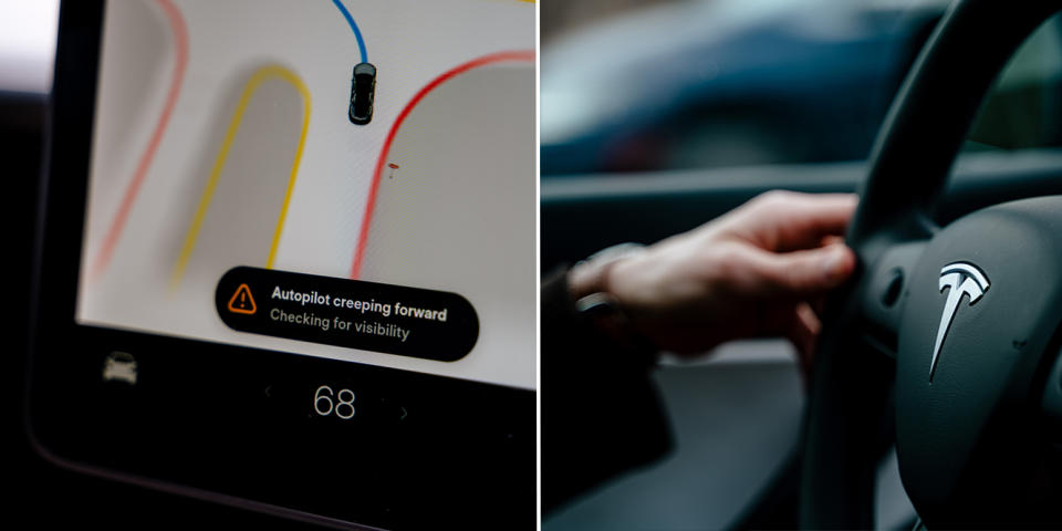 The text displays indicating what Full Self-Driving mode is doing moment by moment in Matt Smith's Tesla as he drives. (Nick Hagen for NBC News)