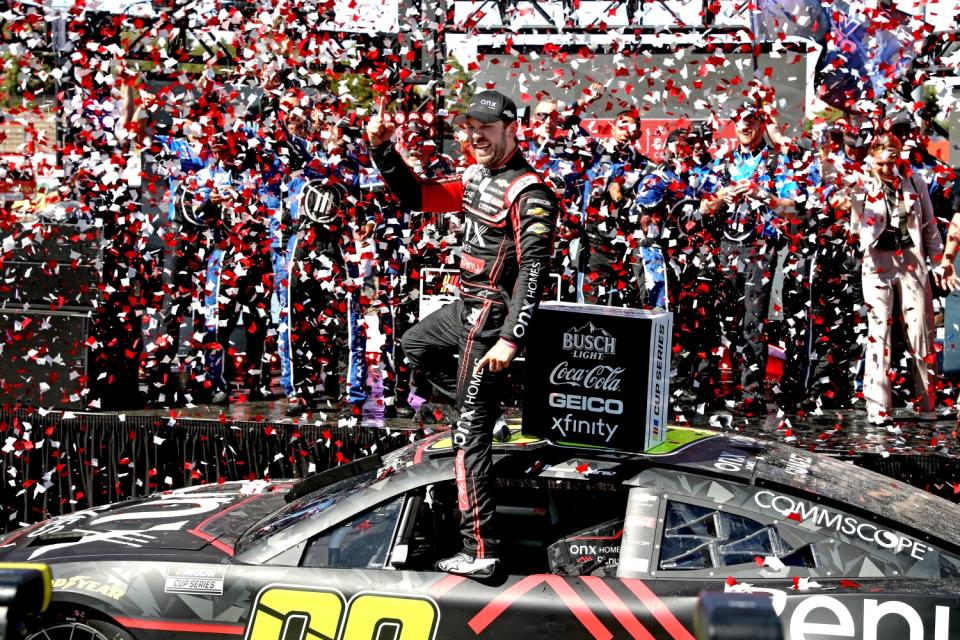 Daniel Suárez celebrates in victory lane at Sonoma Raceway.